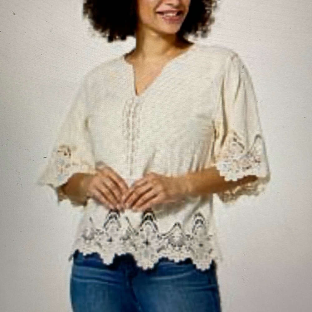 Democracy Embroidered Crochet Trim Peplum Top Ivory Size S